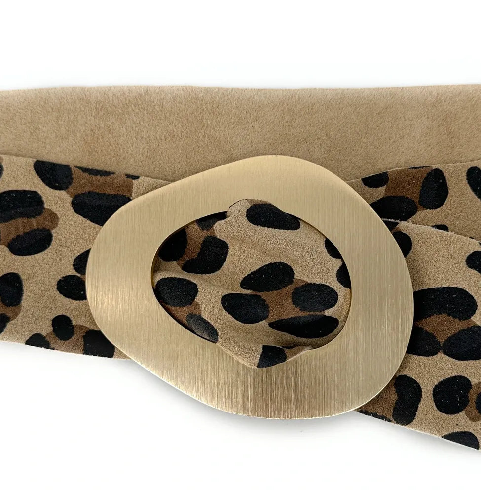 Ceinture en croûte de cuir imprimé et métal brossé NIKI E.L. LEO Léopard taupe clair