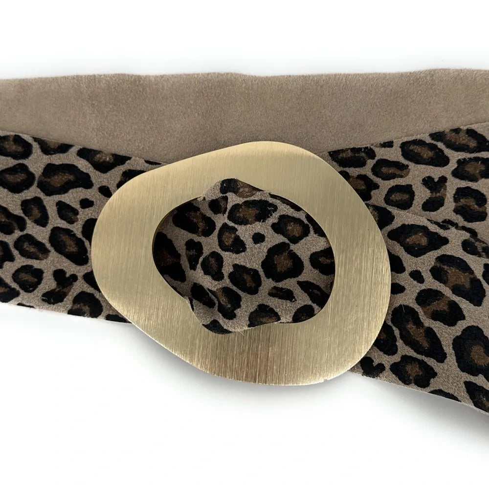 Ceinture en croûte de cuir imprimé et métal brossé NIKI E.L. LEO Ocelot