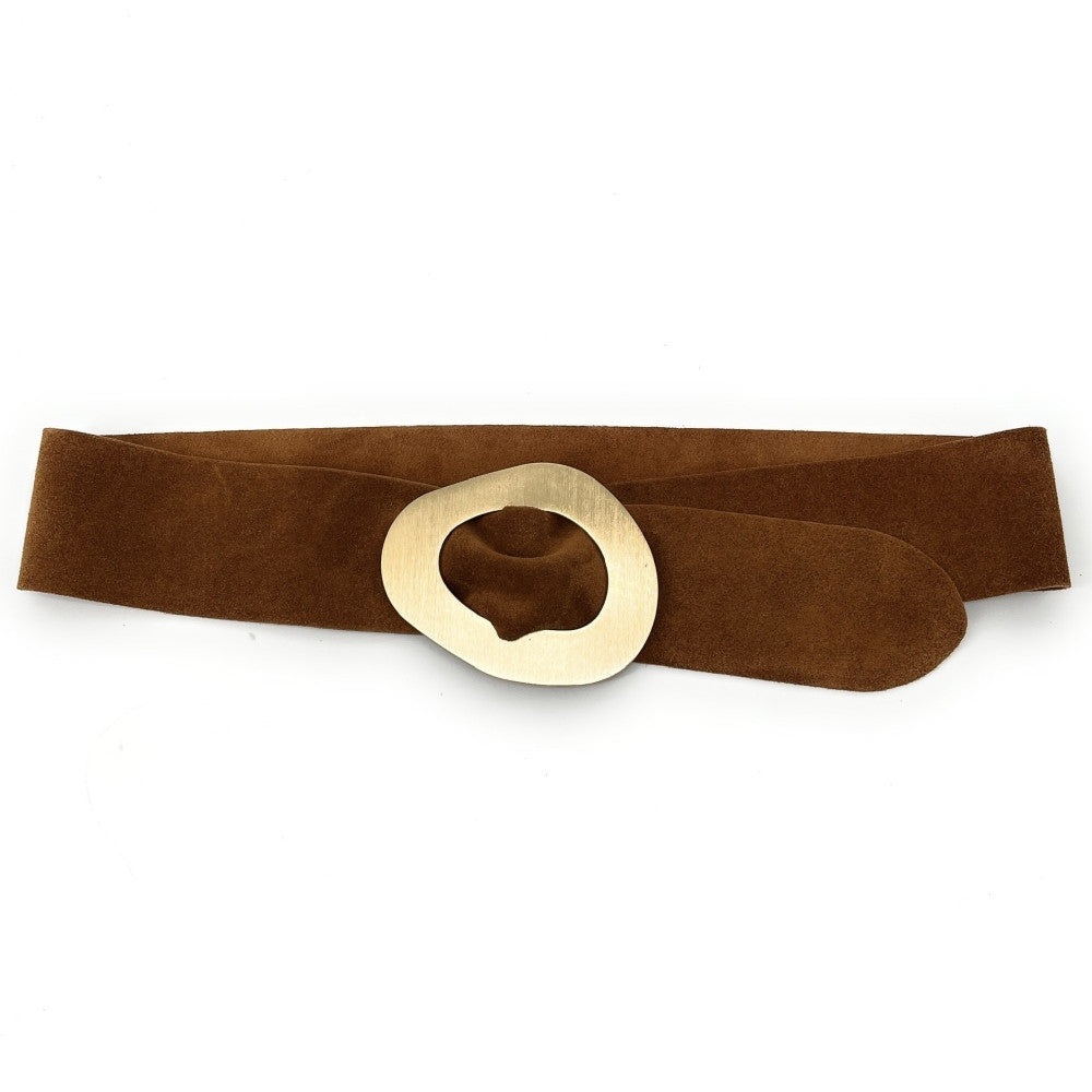 Ceinture en croûte de cuir italien et métal brossé NIKI Camel