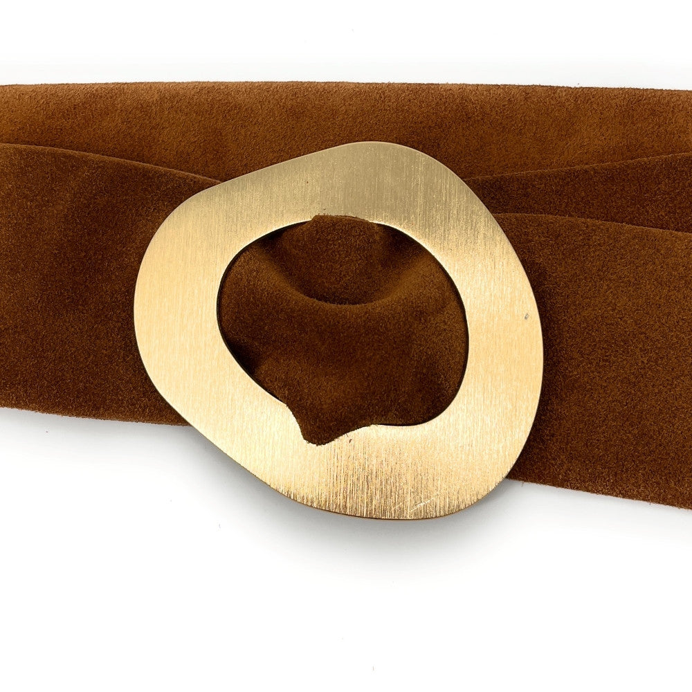 Ceinture en croûte de cuir italien et métal brossé NIKI Camel