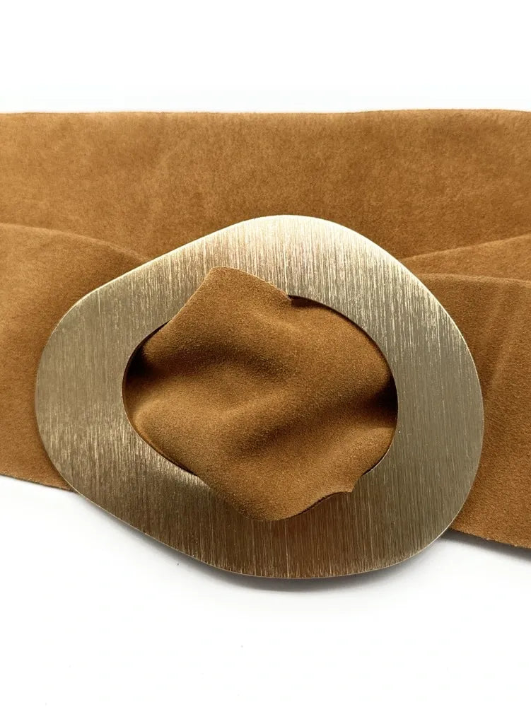 Ceinture en croûte de cuir italien et métal brossé NIKI Camel clair