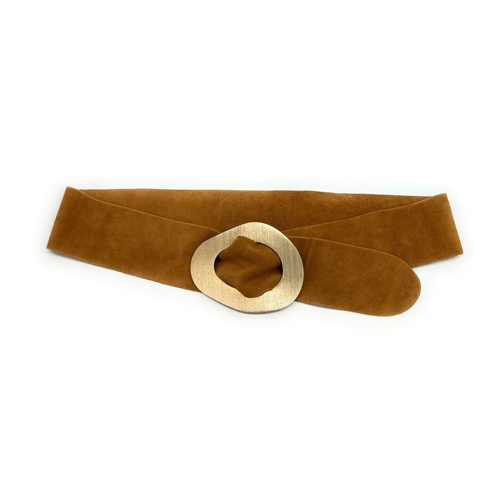 Ceinture en croûte de cuir italien et métal brossé NIKI Camel clair