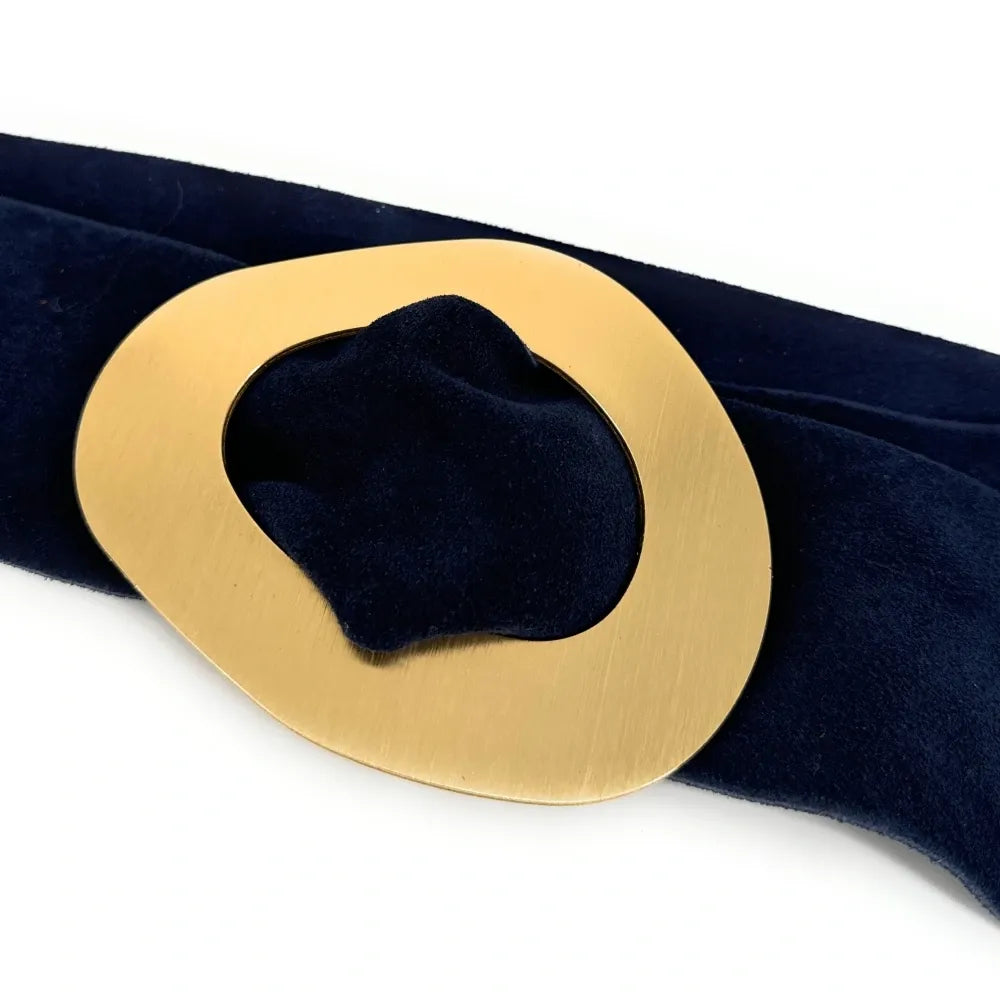 Ceinture en croûte de cuir italien et métal brossé NIKI Bleu marine