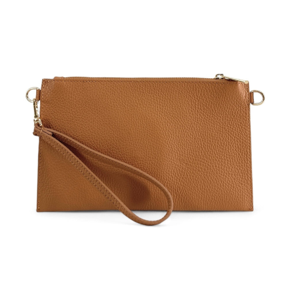 Ensemble sac pochette et porte-cartes en cuir grainé ou irisé TWICE Camel