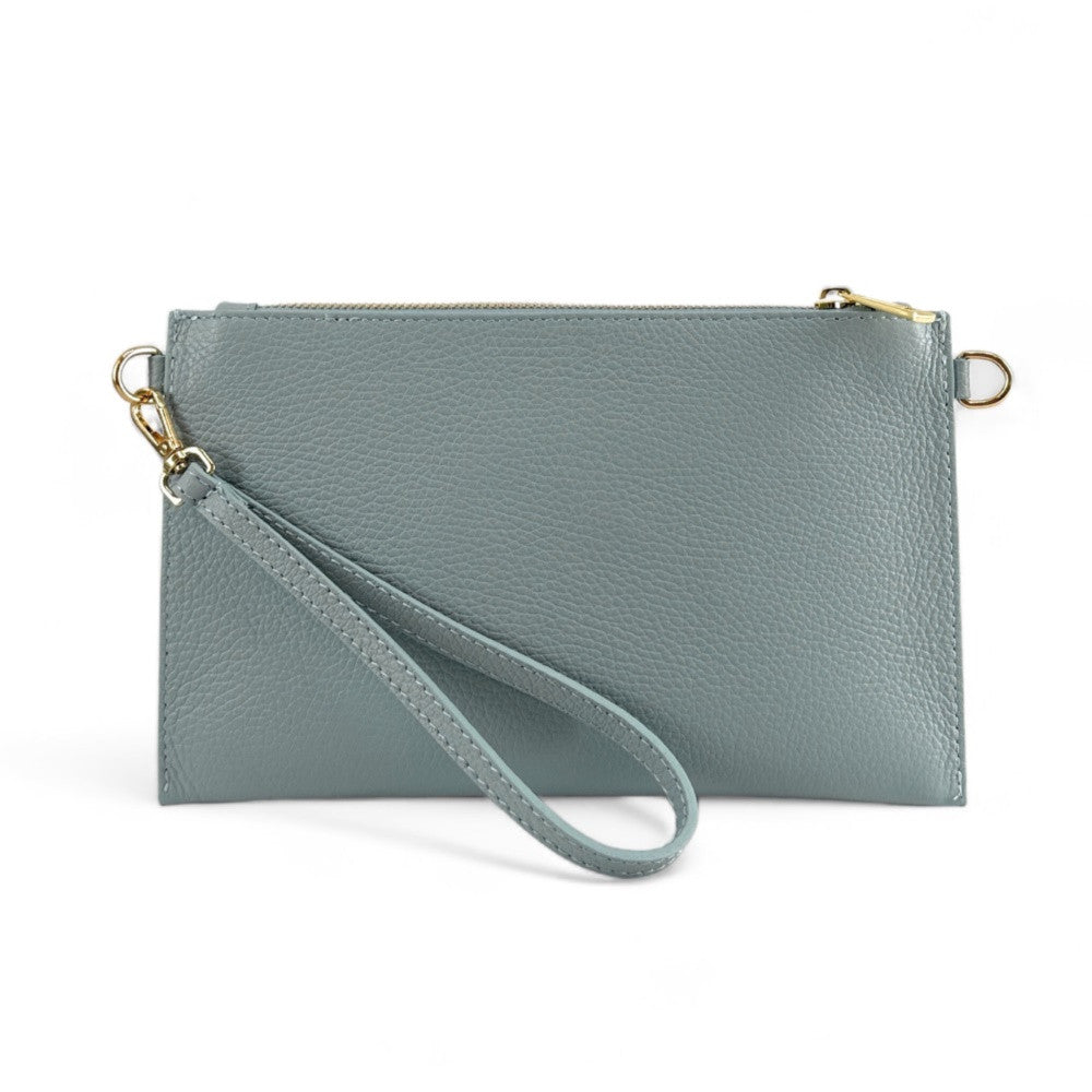 Ensemble sac pochette et porte-cartes en cuir grainé ou irisé TWICE Bleu pastel