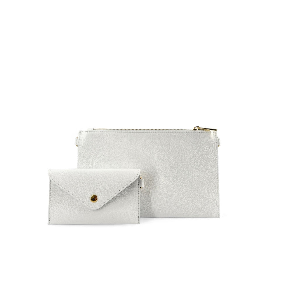 Ensemble sac pochette et porte-cartes en cuir grainé ou irisé TWICE Blanc