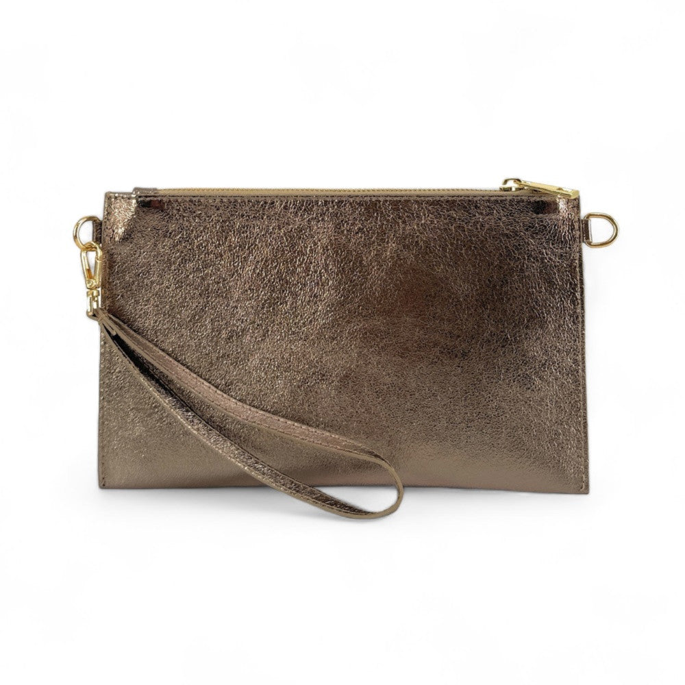 Ensemble sac pochette et porte-cartes en cuir grainé ou irisé TWICE Champagne irisé