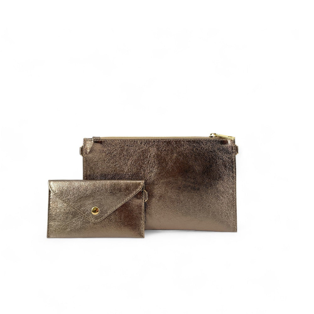 Ensemble sac pochette et porte-cartes en cuir grainé ou irisé TWICE Champagne irisé