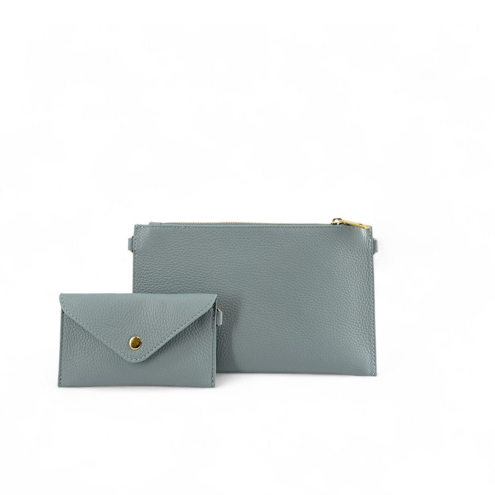 Ensemble sac pochette et porte-cartes en cuir grainé ou irisé TWICE Bleu pastel