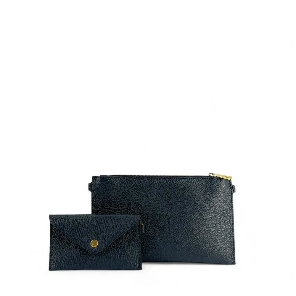 Ensemble sac pochette et porte-cartes en cuir grainé ou irisé TWICE Bleu marine