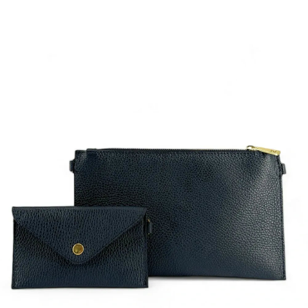 Ensemble sac pochette et porte-cartes en cuir grainé ou irisé TWICE Bleu marine