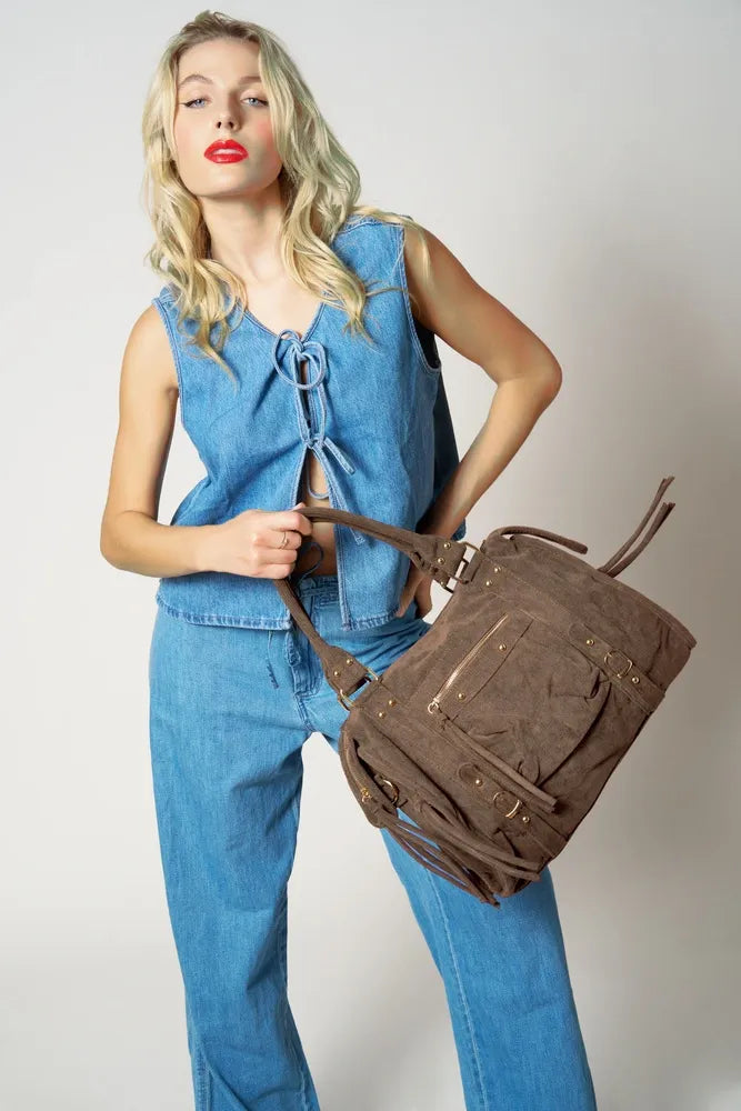 Sac à main en velours côtelé VELVET STORM Taupe foncé