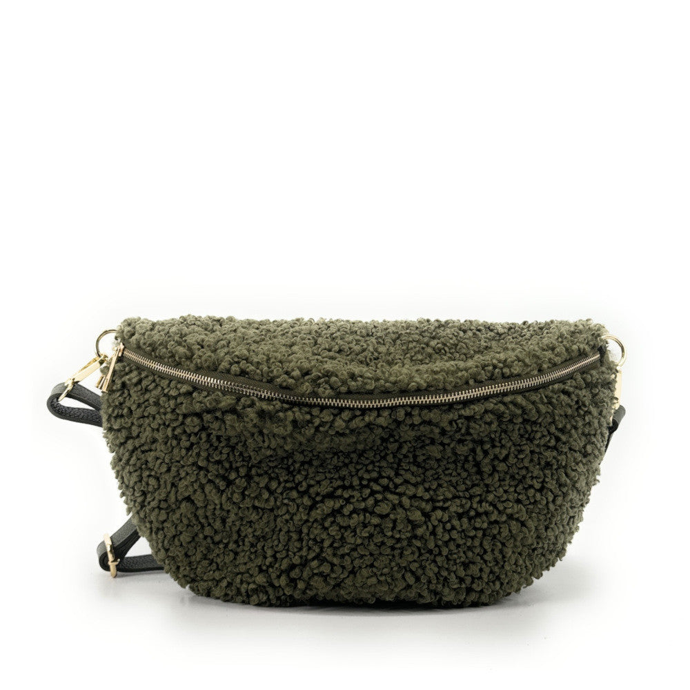 Grand sac banane en cuir et peluche LOU PILOU L Kaki