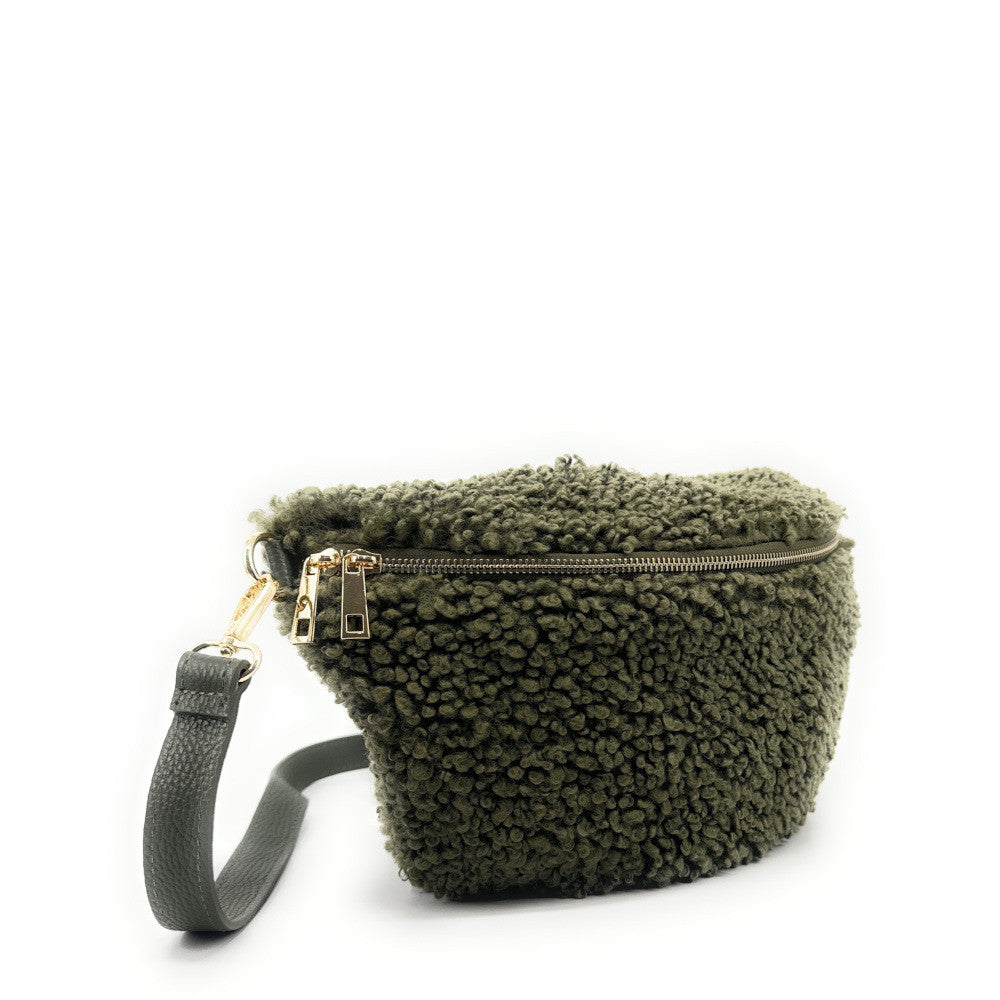 Grand sac banane en cuir et peluche LOU PILOU L Kaki