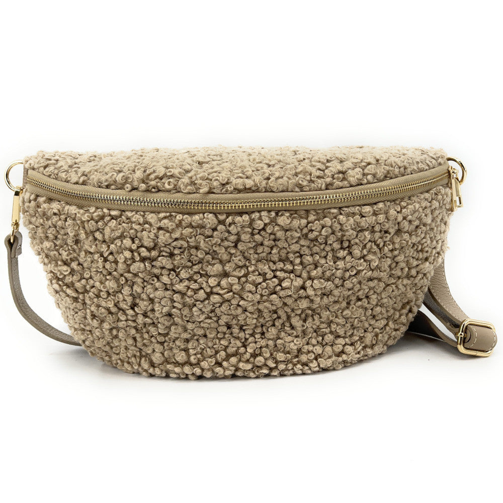 Grand sac banane en cuir et peluche LOU PILOU L Taupe clair