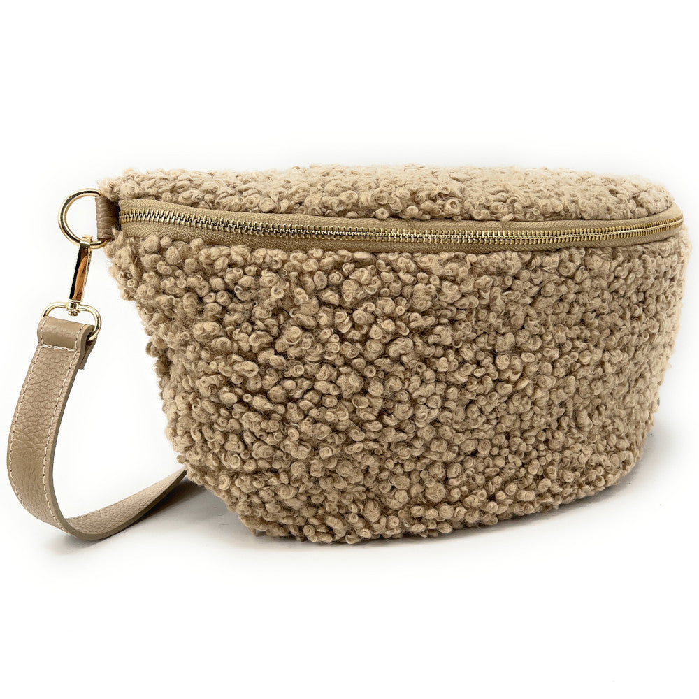 Grand sac banane en cuir et peluche LOU PILOU L Taupe clair