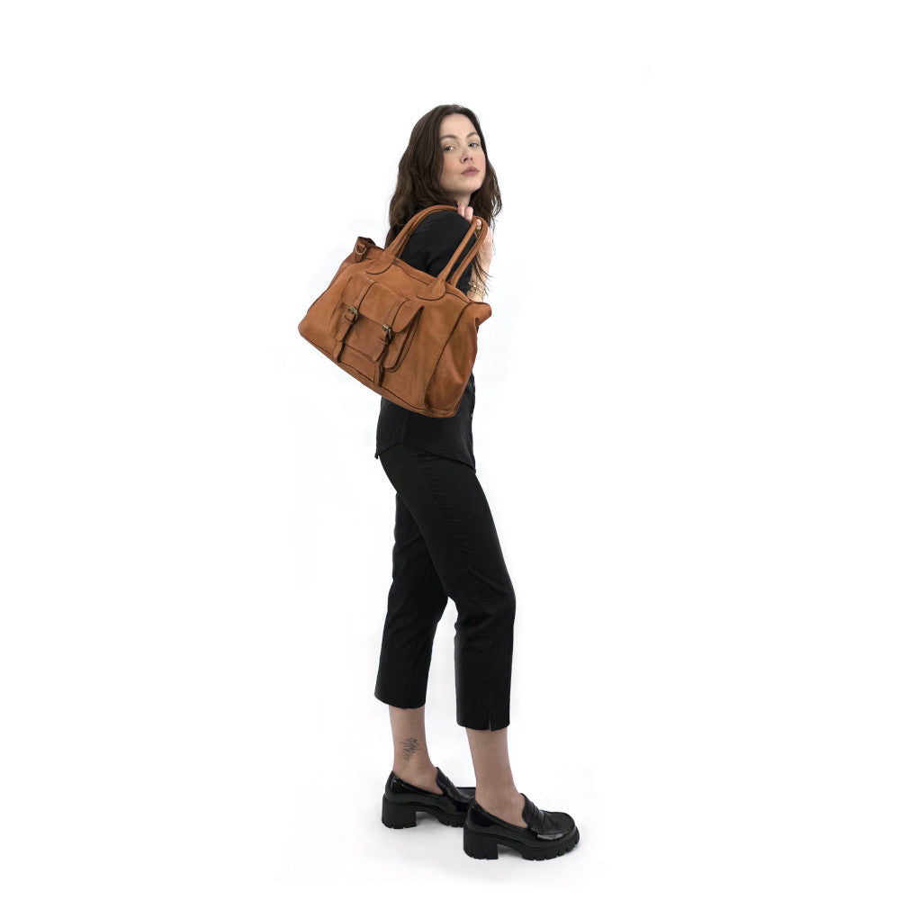 Grand sac cabas en cuir vintage ALBUS Camel foncé