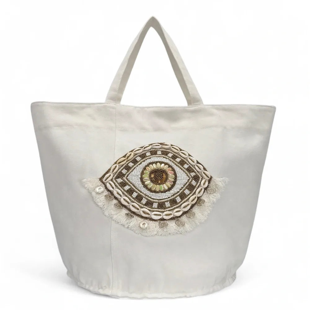 Grand sac en coton et perles I SEA YOU Blanc
