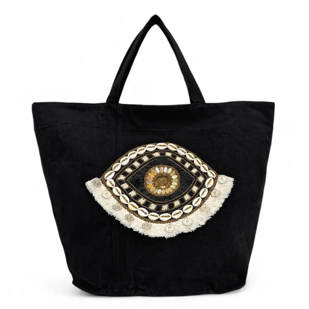 Grand sac en coton et perles I SEA YOU Noir