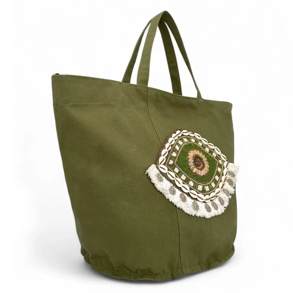 Grand sac en coton et perles I SEA YOU Kaki