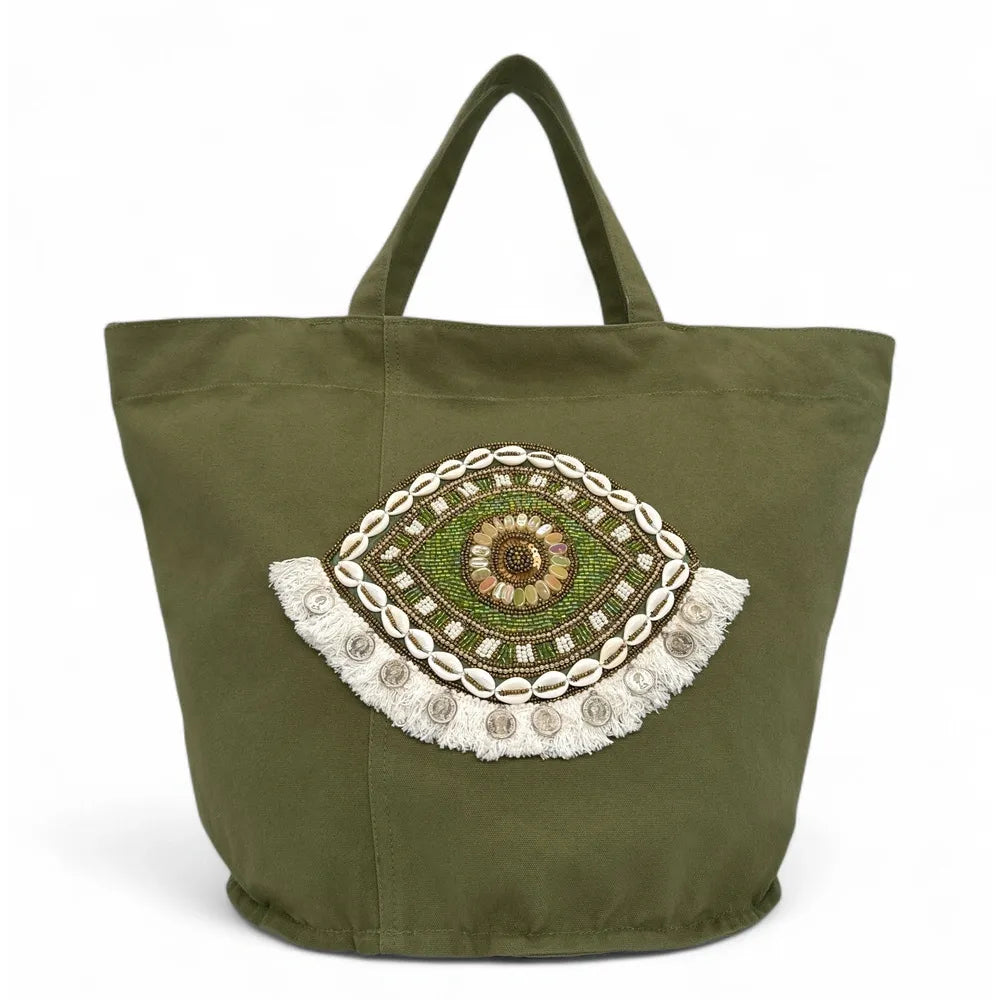 Grand sac en coton et perles I SEA YOU Kaki