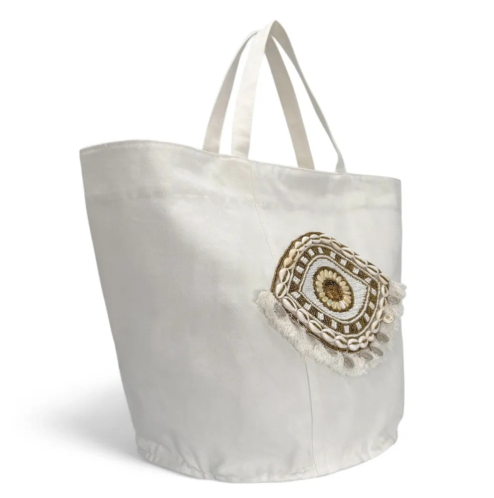 Grand sac en coton et perles I SEA YOU Blanc