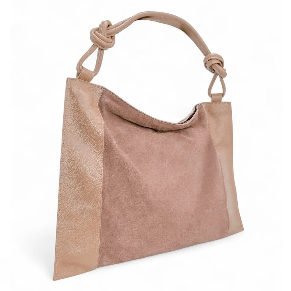 Grand sac porté épaule en croûte de cuir et cuir grainé KNOT Rose nude