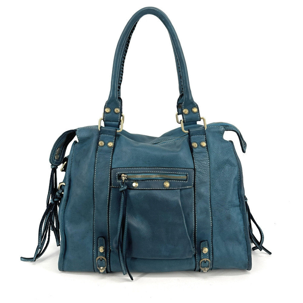 Grand sac porté épaule en cuir souple tannage végétal STORM XL HURRICAN Bleu vert canard