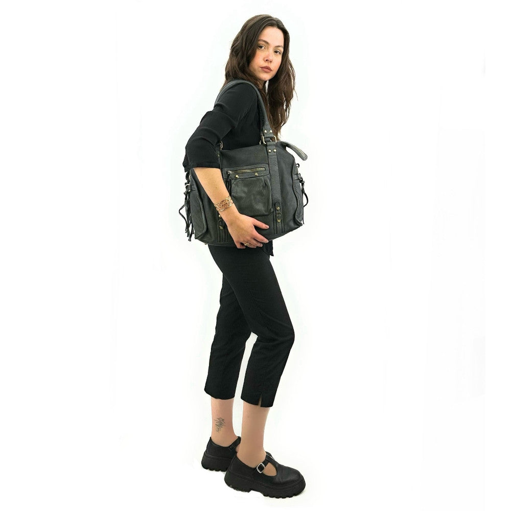 Grand sac porté épaule en cuir souple tannage végétal STORM XL HURRICAN Gris foncé