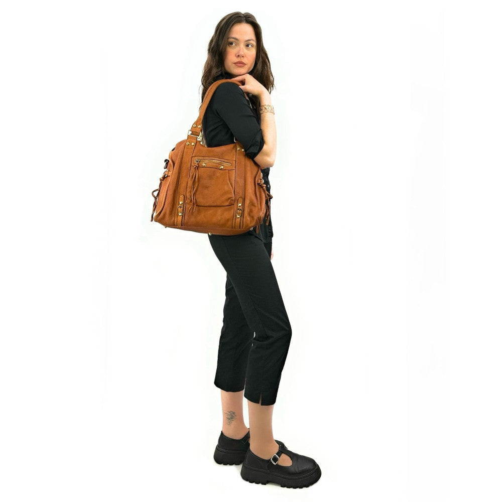 Grand sac porté épaule en cuir souple tannage végétal STORM XL HURRICAN Camel