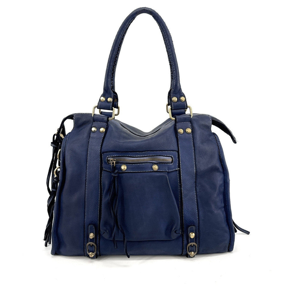 Grand sac porté épaule en cuir souple tannage végétal STORM XL HURRICAN Bleu profond