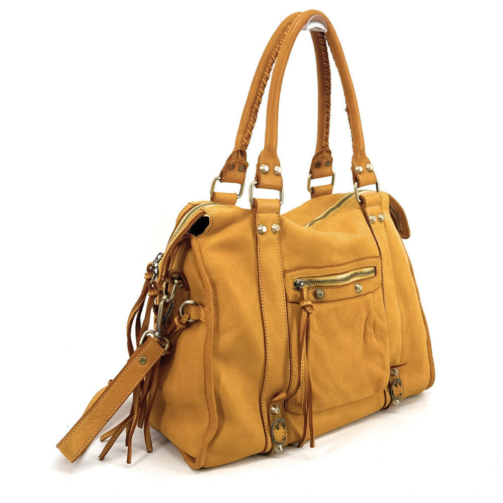 Grand sac porté épaule en cuir souple tannage végétal STORM XL HURRICAN Jaune Moutarde