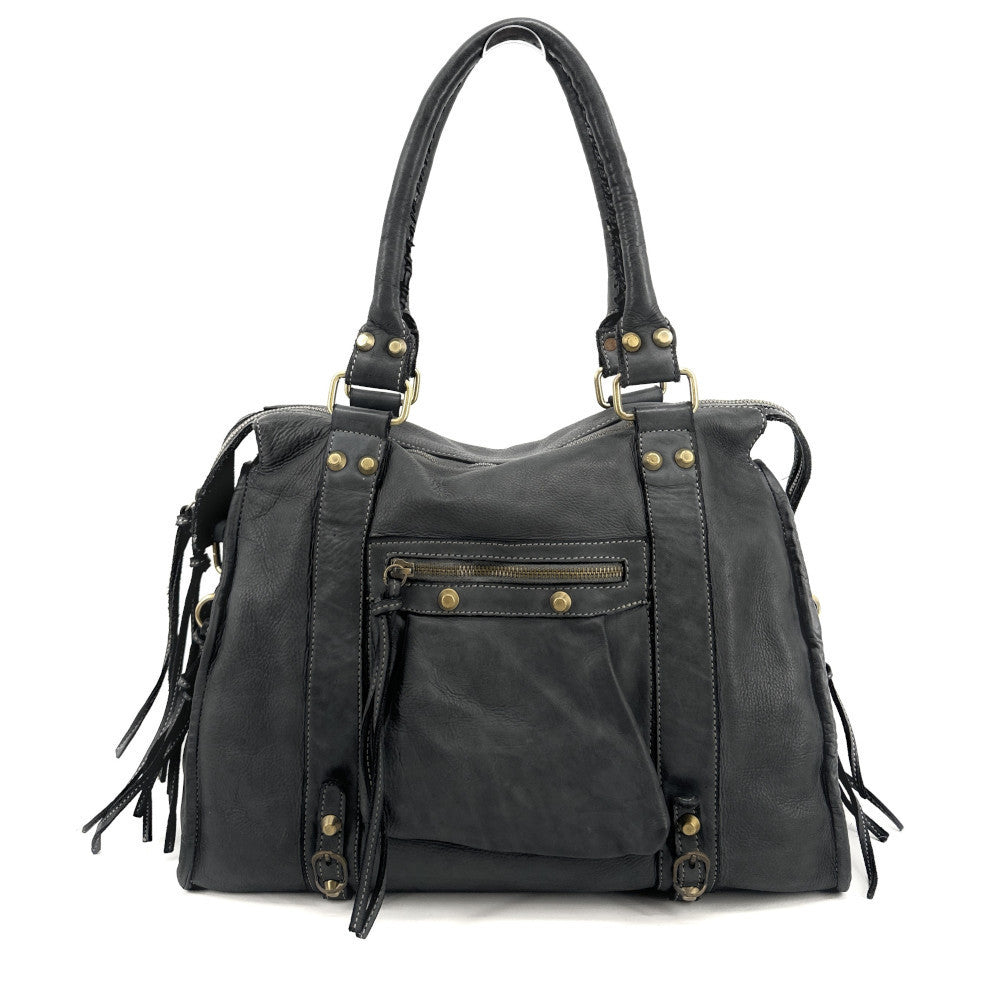 Grand sac porté épaule en cuir souple tannage végétal STORM XL HURRICAN Gris foncé