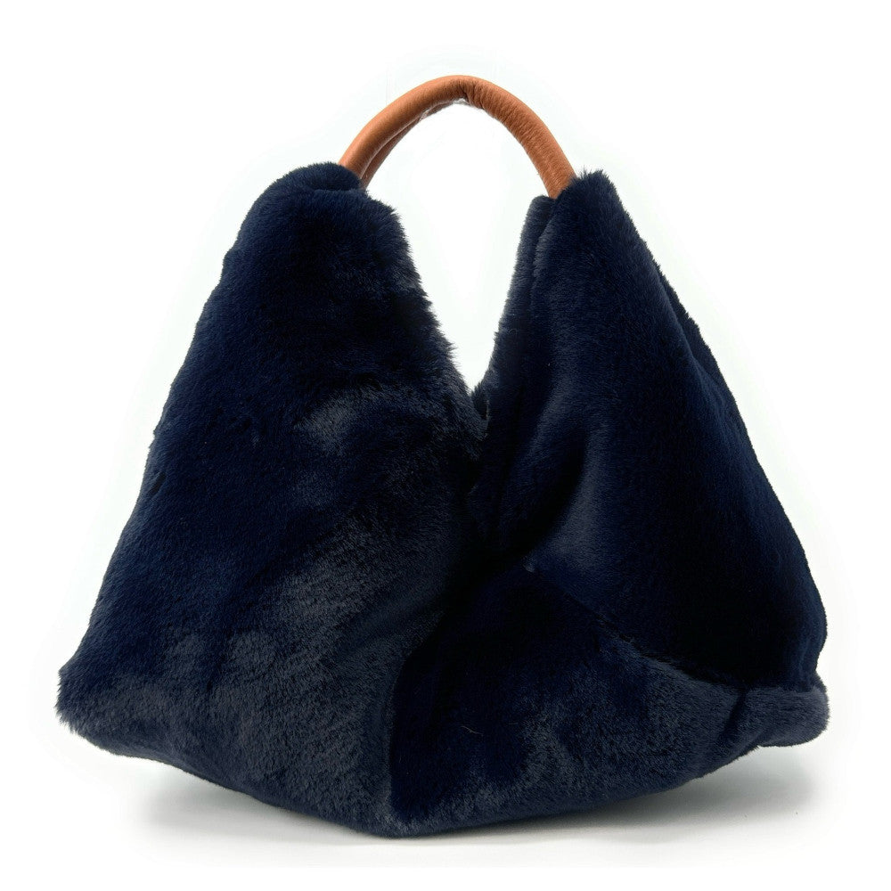 Sac hobo en fausse fourrure et cuir LITTLE FLUFFY Bleu marine
