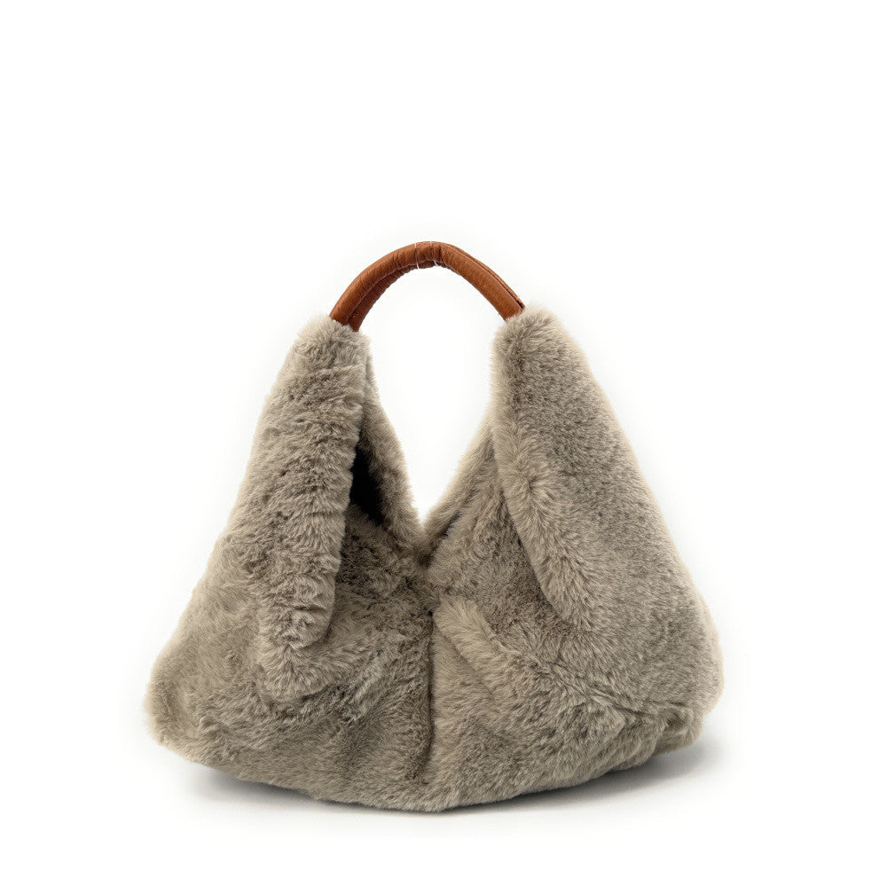 Sac hobo en fausse fourrure et cuir LITTLE FLUFFY Gris taupe clair