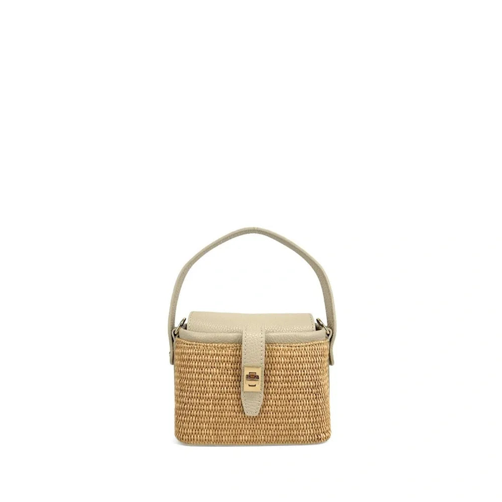 Mini-sac à main en cuir et raphia SIENNA Taupe clair