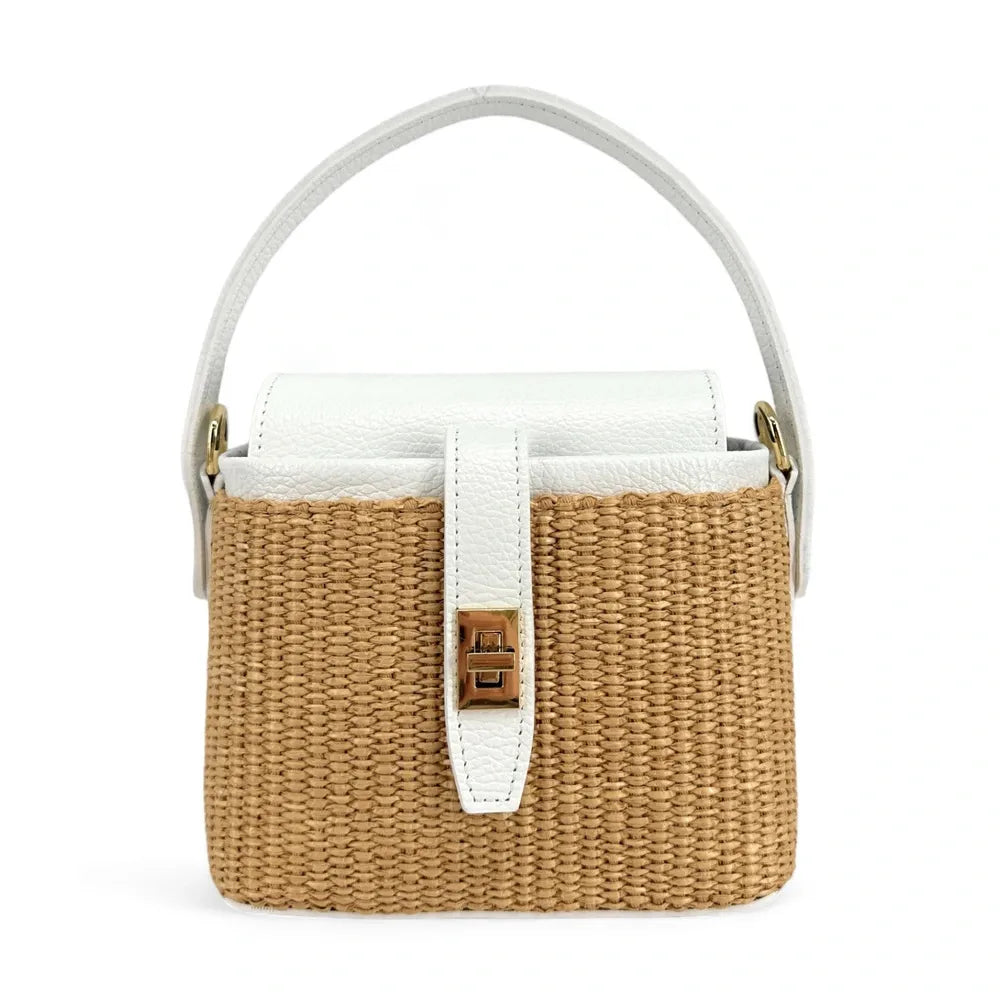 Mini-sac à main en cuir et raphia SIENNA Blanc