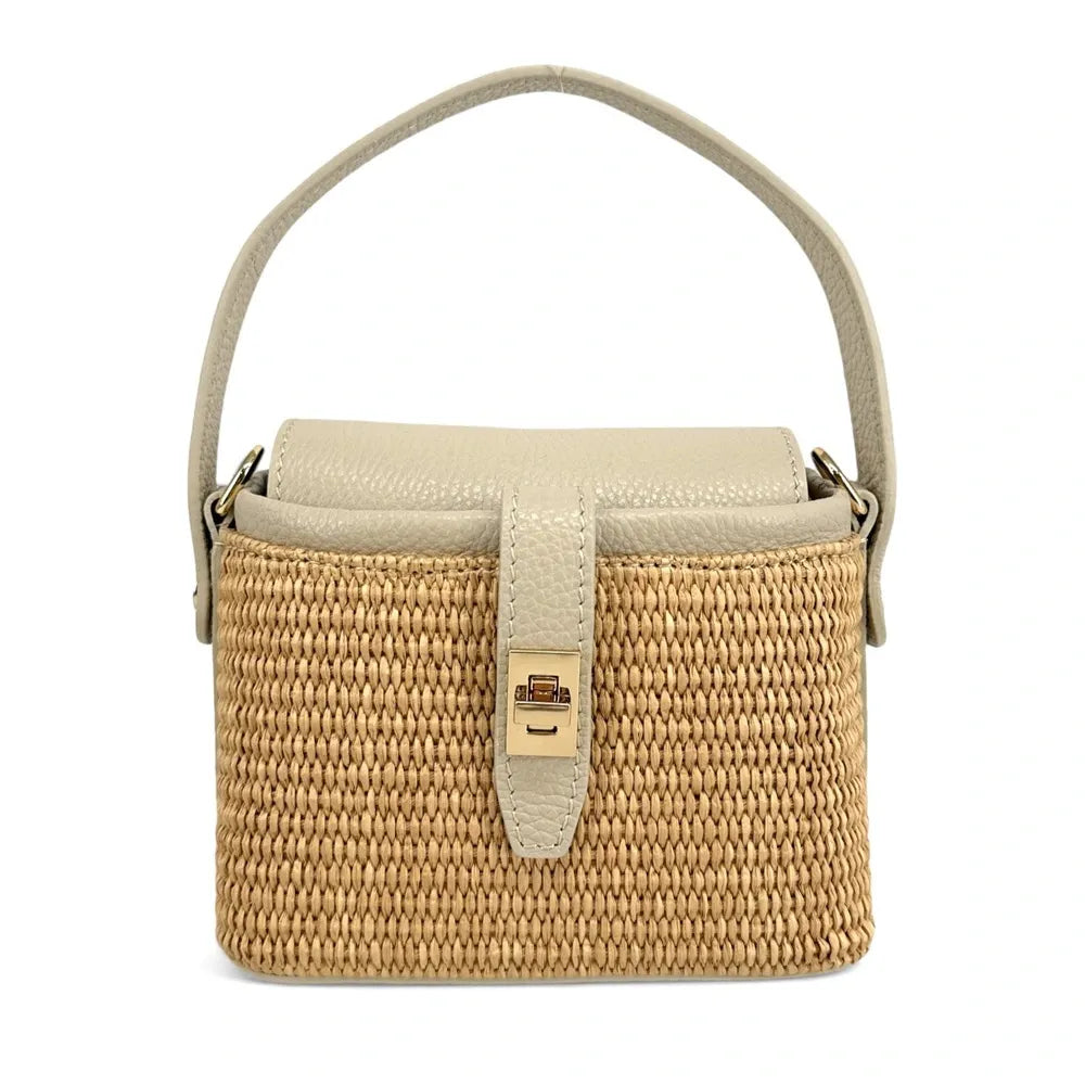 Mini-sac à main en cuir et raphia SIENNA Taupe clair