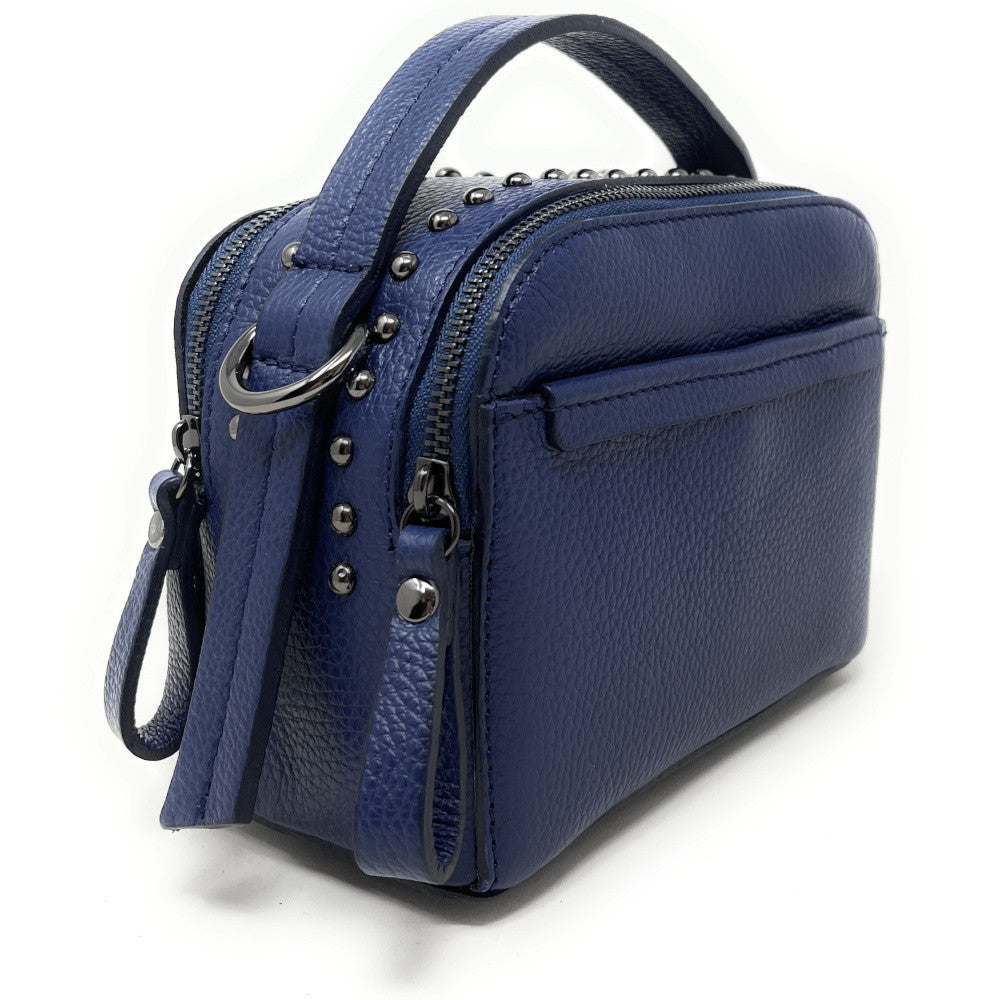 Mini sac à main en cuir grainé clouté AMY Bleu marine