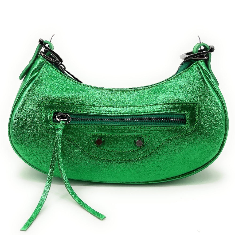 Sac à main demi-lune en cuir grainé ou irisé LUNA PARK Vert anglais irisé