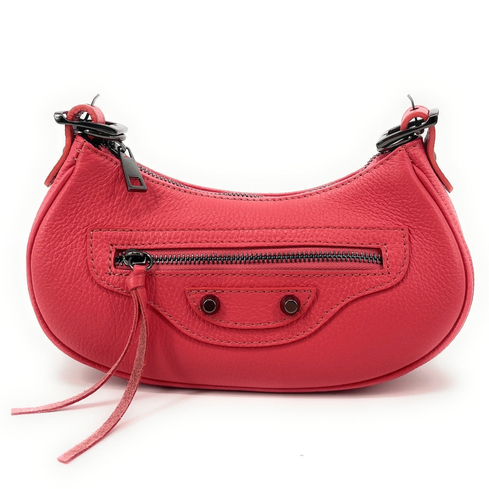 Sac à main demi-lune en cuir grainé ou irisé LUNA PARK Rose corail