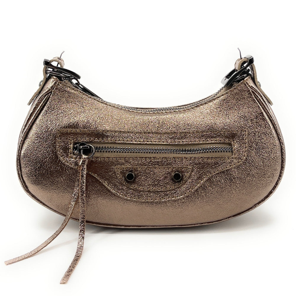 Sac à main demi-lune en cuir grainé ou irisé LUNA PARK Champagne irisé