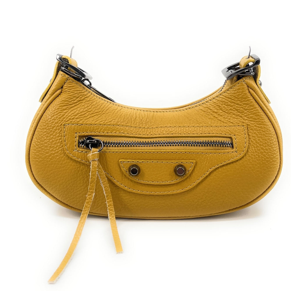 Sac à main demi-lune en cuir grainé ou irisé LUNA PARK Jaune Moutarde