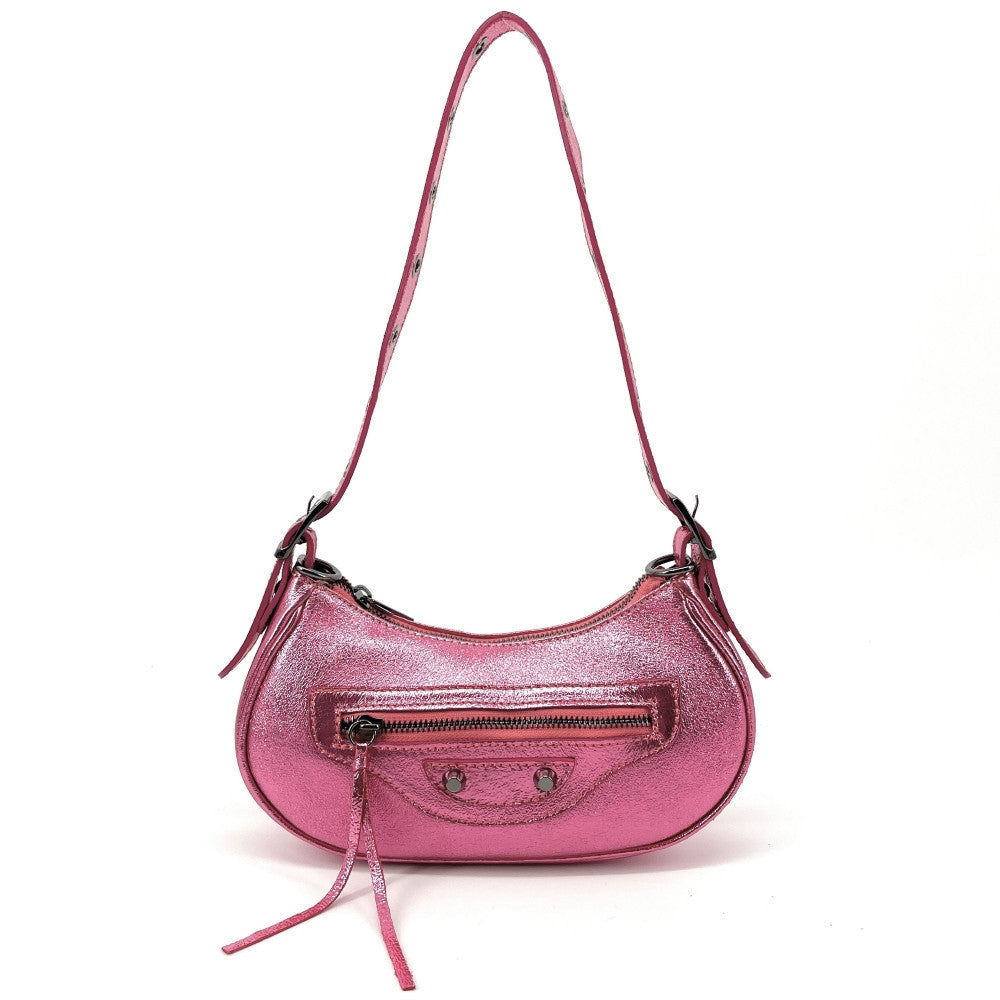 Sac à main demi-lune en cuir grainé ou irisé LUNA PARK Rose néon