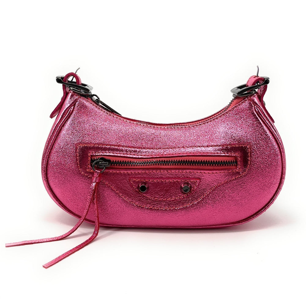 Sac à main demi-lune en cuir grainé ou irisé LUNA PARK Rose néon