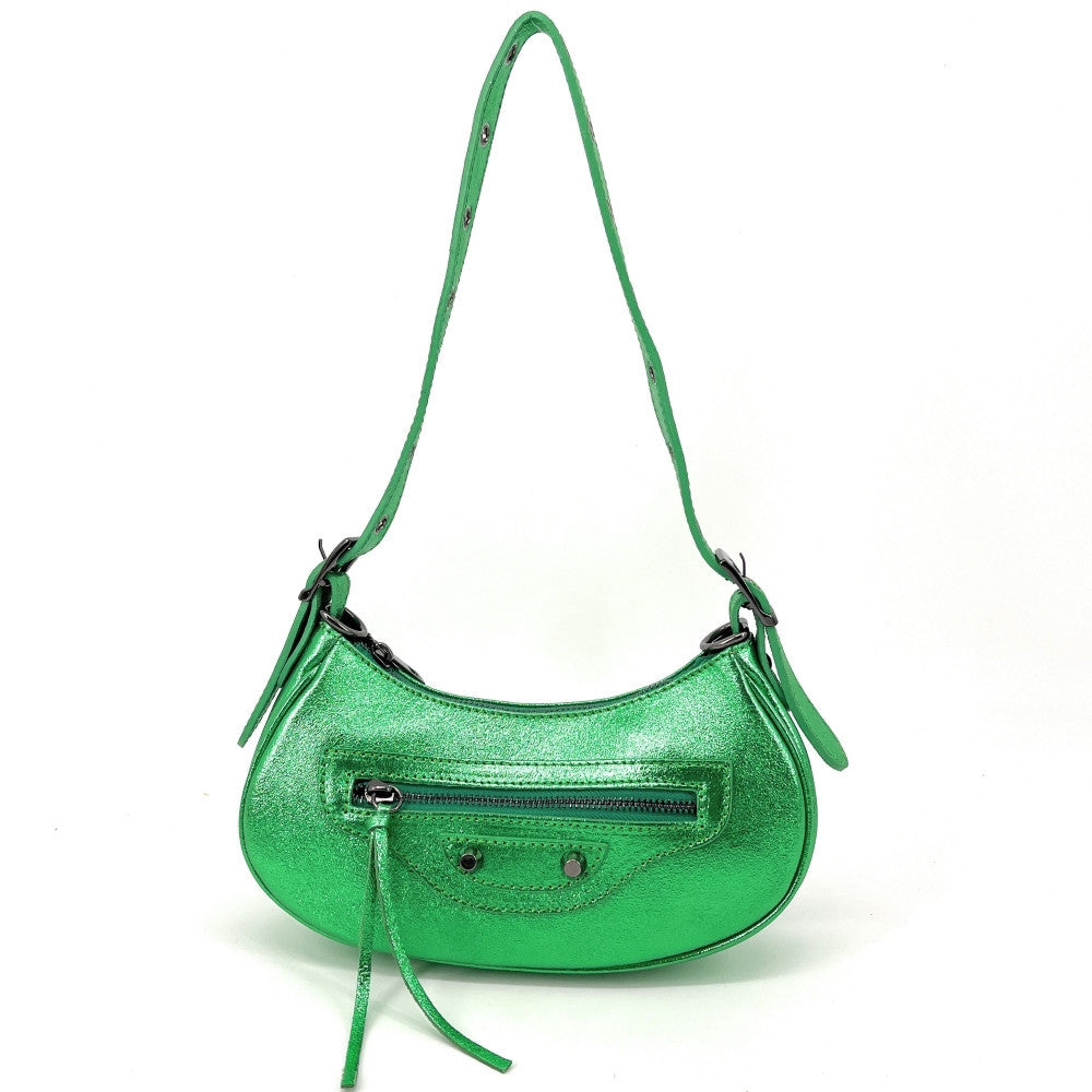 Sac à main demi-lune en cuir grainé ou irisé LUNA PARK Vert anglais irisé