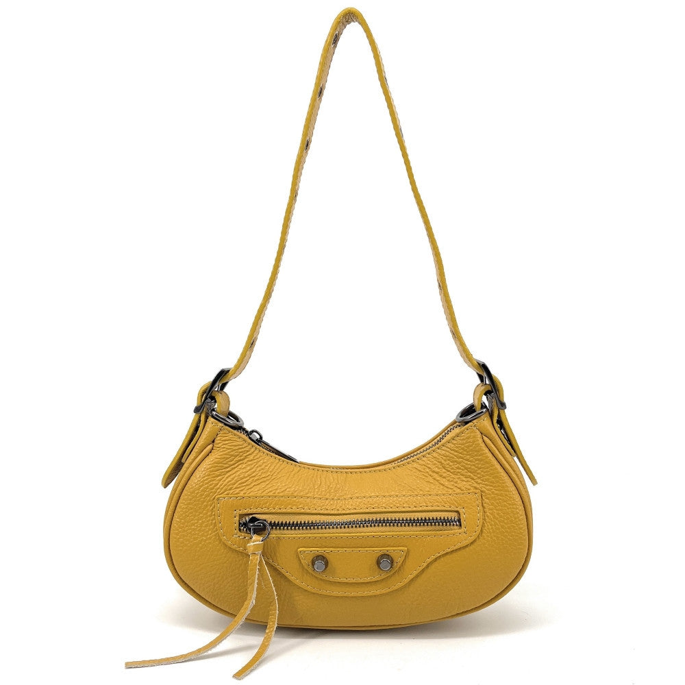 Sac à main demi-lune en cuir grainé ou irisé LUNA PARK Jaune Moutarde