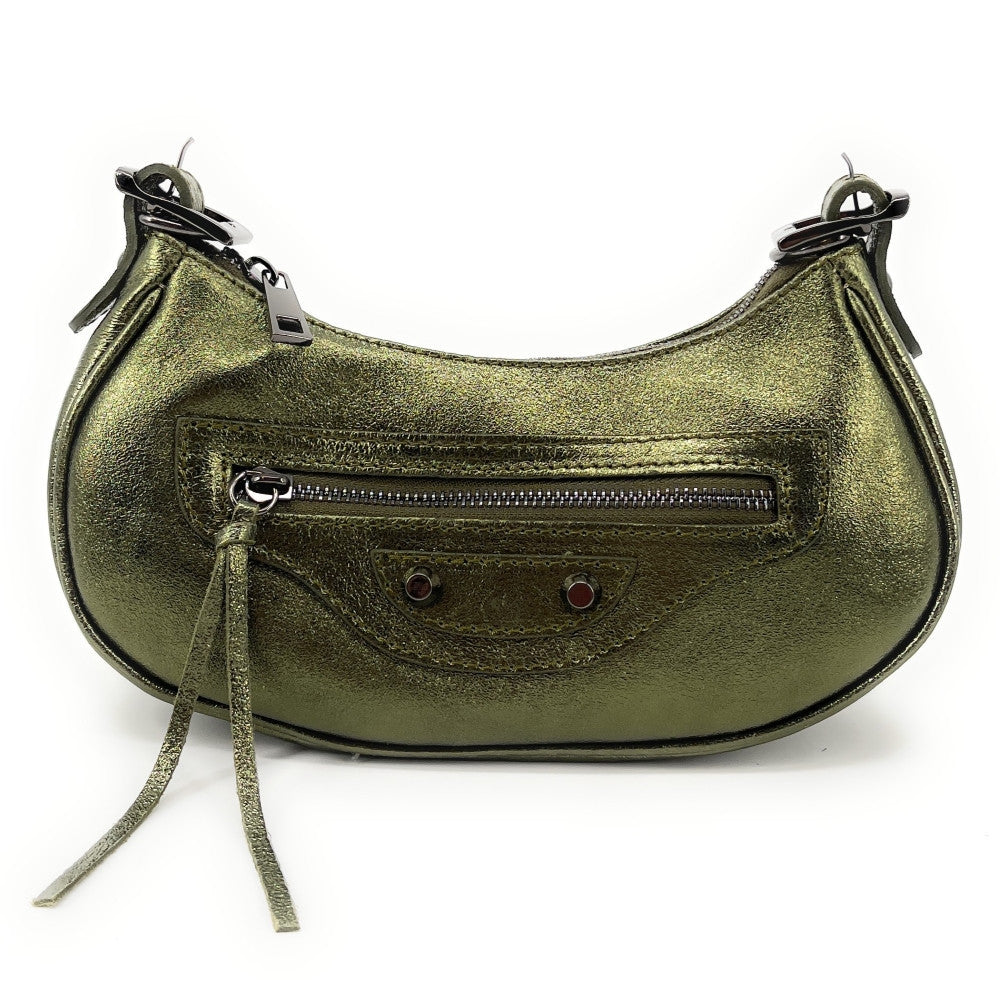 Sac à main demi-lune en cuir grainé ou irisé LUNA PARK Kaki irisé