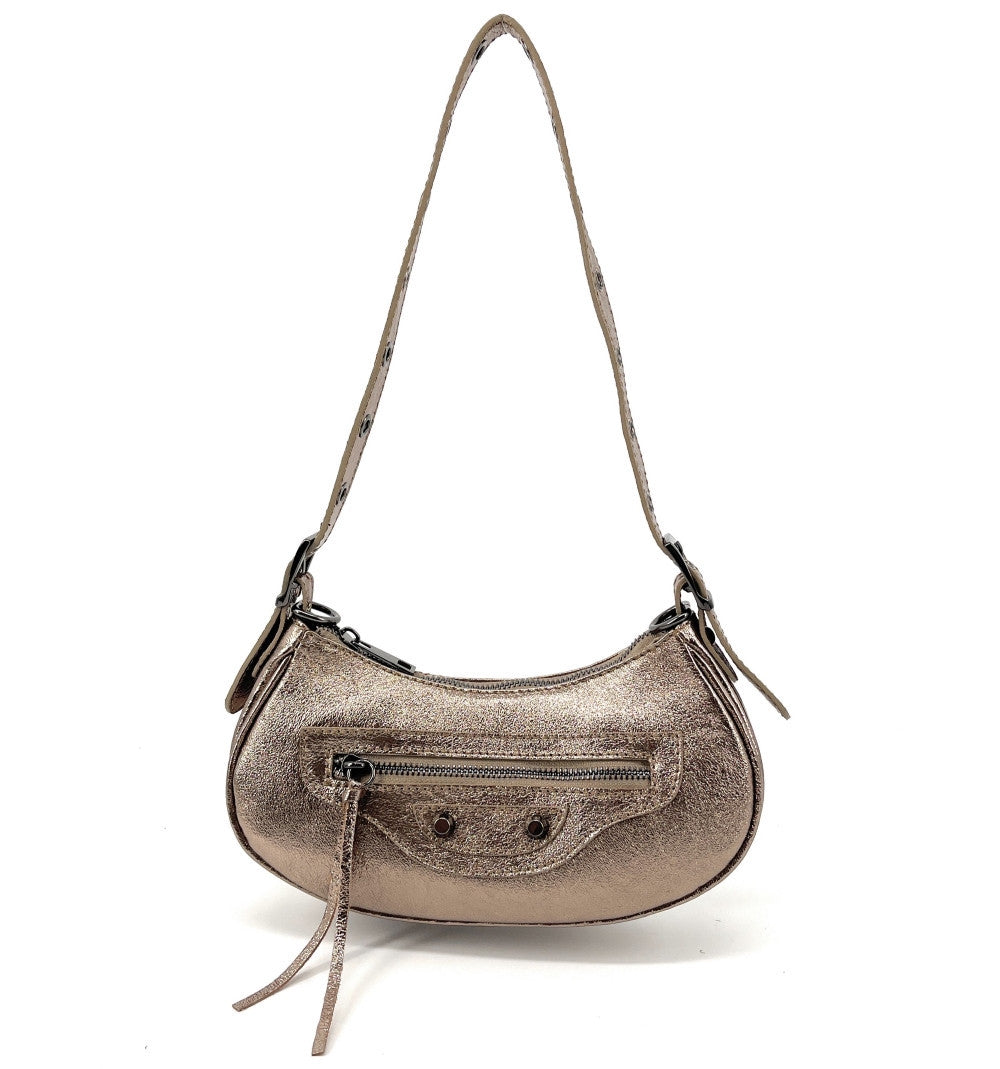 Sac à main demi-lune en cuir grainé ou irisé LUNA PARK Champagne irisé