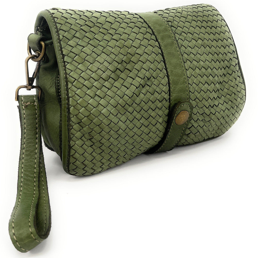 Sac besace à bandoulière en cuir tressé SHANNA Kaki